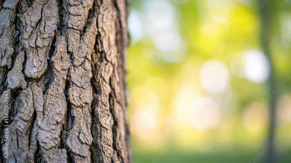 Obraz premium Close-up of a tree bark with lush green foliage in the background.