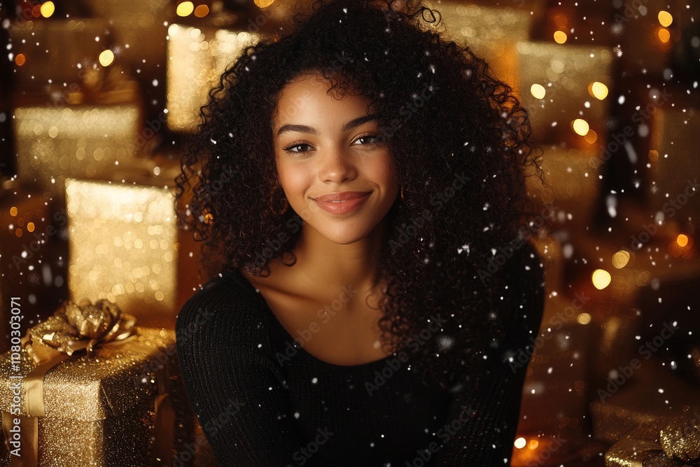 A woman with curly hair smiles while sitting surrounded by Christmas gifts A woman with curly hair smiles while sitting surrounded by Christmas gifts