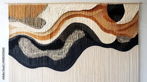 Abstract woven wall hanging with beige, black, and orange textures.