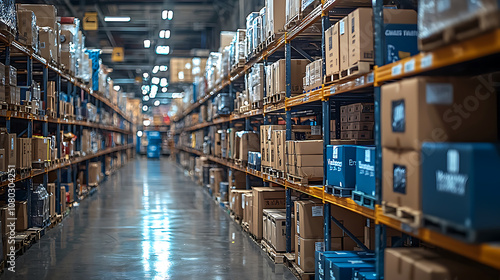 modern warehouse filled with neatly organized shelves of boxes, showcasing drop shipping workflow. atmosphere is efficient and industrious, highlighting logistics and storage