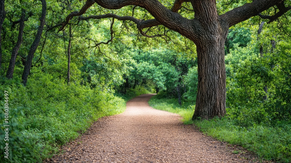 Naklejka premium Scenic pathway through vibrant green trees and foliage, nature tranquility.