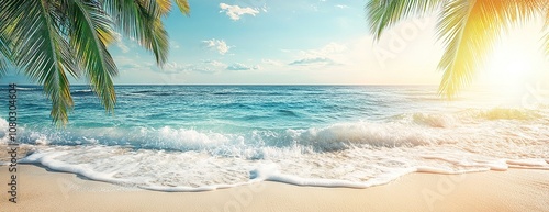 Peaceful turquoise ocean and sandy beach under clear sky.