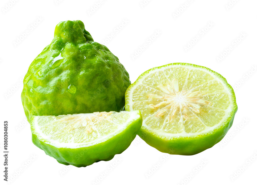Front view of fresh green bergamot fruits or kaffir lime with half and quarter or slices but no green leaf in stack isolated with clipping path in png file format Front view of fresh green bergamot fruits or kaffir lime with half and quarter or slices but no green leaf in stack isolated with clipping path in png file format