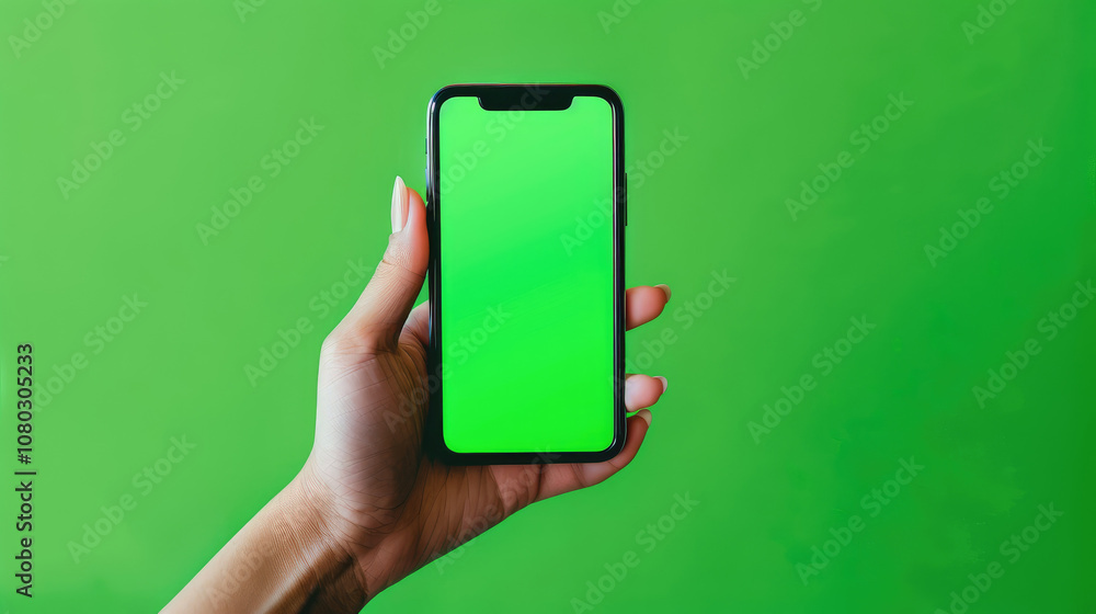 hand holding smartphone with blank green screen against green background, ideal for showcasing apps or designs hand holding smartphone with blank green screen against green background, ideal for showcasing apps or designs
