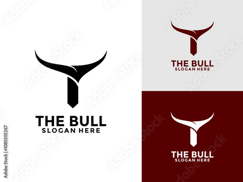 Initial Letter T with Bull Head Long Horn logo design vector template