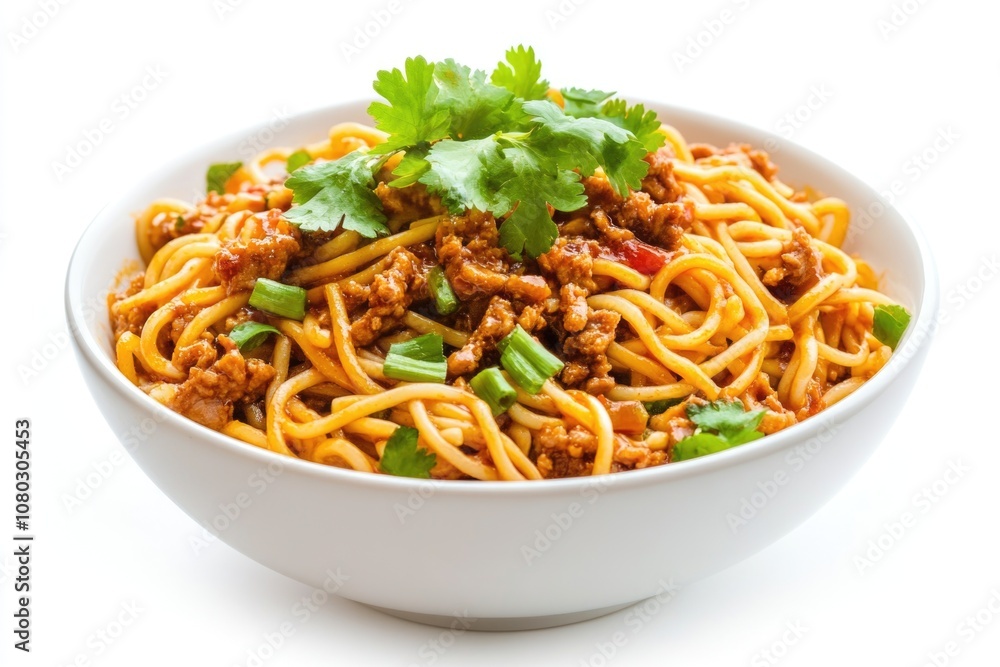 A simple meal of noodles and meat in a white bowl A simple meal of noodles and meat in a white bowl