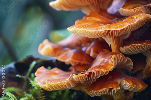 A close-up shot of various types of mushrooms growing together photo