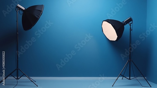 A photography studio set up with three lights and a blue backdrop.