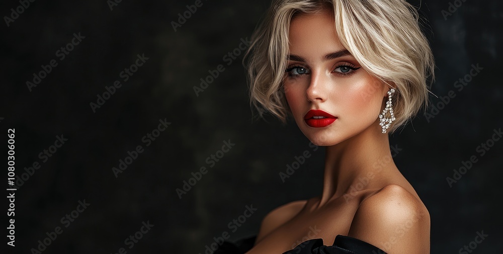 Naklejka premium Stylish blonde woman in a black dress with red lipstick and diamond earrings, posing against a dark background and looking at the camera.