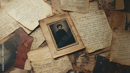 Vintage photo surrounded by old letters and photographs.
