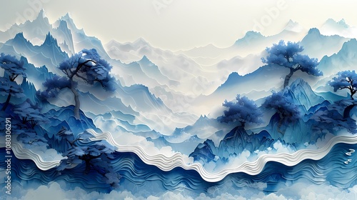 Traditional Chinese blue and white landscape painting illustration poster background