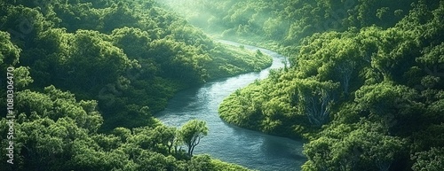 Forest Stream with Sunlight Filtering Through Trees.