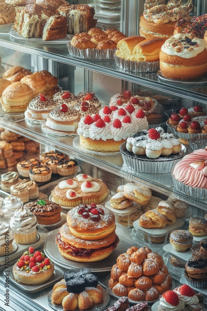 A colorful display case filled with various pastry types A colorful display case filled with various pastry types