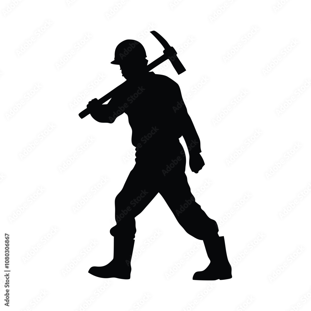 Obraz premium A man is holding a pickaxe and walking on a rock. He is wearing a helmet