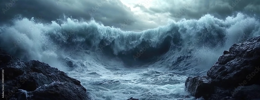 Stormy Ocean Waves Crashing Against Rocky Cliffs. Stormy Ocean Waves Crashing Against Rocky Cliffs.