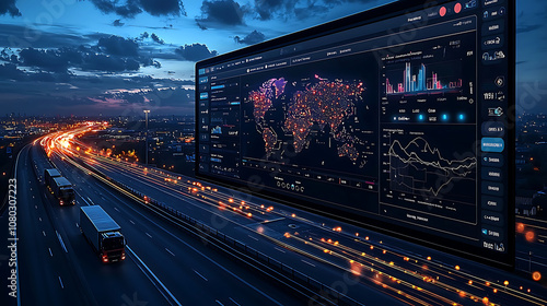 transportation management system interface displays global data analytics, showcasing vibrant maps and graphs against city skyline at dusk