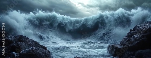 Stormy Ocean Waves Crashing Against Rocky Cliffs.