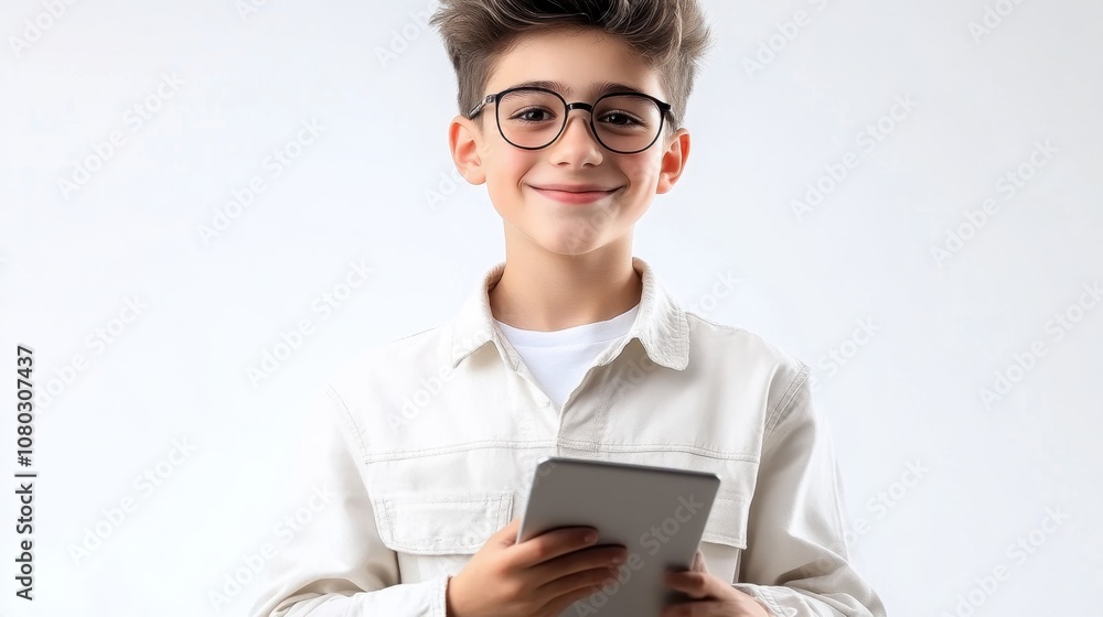 Smiling Boy Holding a Tablet Indoors Smiling Boy Holding a Tablet Indoors