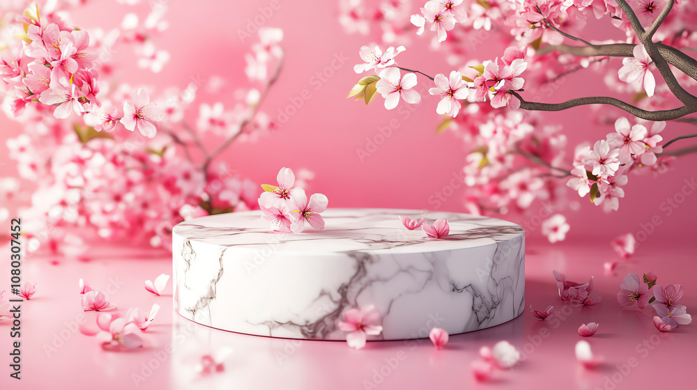 Elegant marble podium surrounded by vibrant cherry blossoms on a soft pink background, perfect for beauty and wellness themes. Elegant marble podium surrounded by vibrant cherry blossoms on a soft pink background, perfect for beauty and wellness themes.