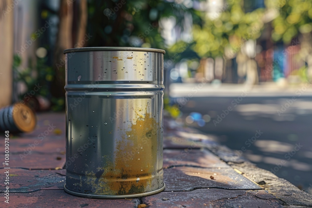 A metal trash can placed on the side of a road, suitable for use in urban or rural scenes A metal trash can placed on the side of a road, suitable for use in urban or rural scenes
