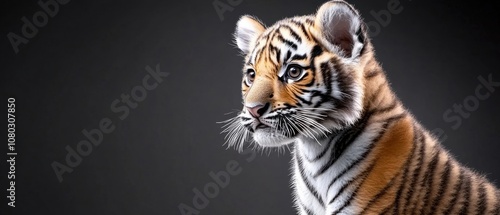 Majestic Tiger in Powerful Pose Against Dark Background photo