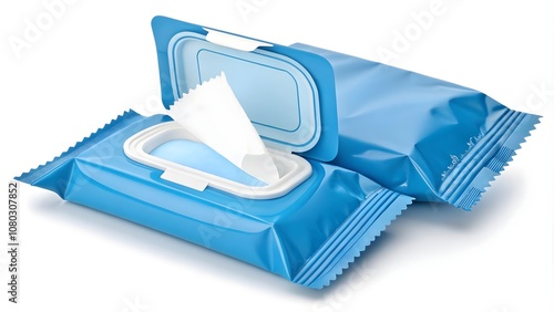  Blue Wet Wipes Pack, Isolated Flow Pack of Wet Wipes for Hygiene and Cleaning  
 photo