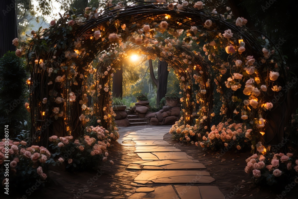 A stone pathway leads to a beautiful rose archway with warm lights glowing at sunset. A stone pathway leads to a beautiful rose archway with warm lights glowing at sunset.