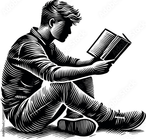 Relaxed Reader Sitting Cross-Legged with Book – Vector Black Silhouette Cricut Design for T-Shirt