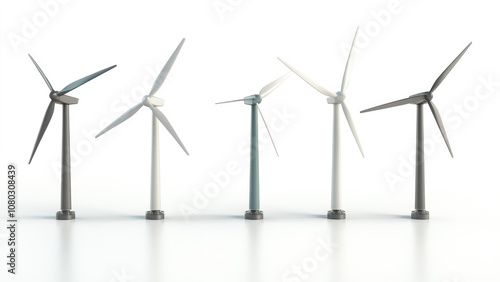 Five wind turbines in a row with different designs photo