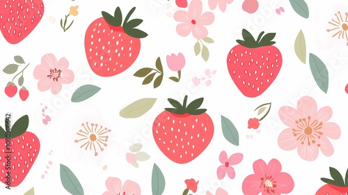 cute pink and white strawberry flowers illustration poster background