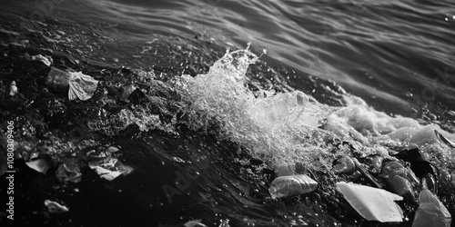 A black and white photo of trash floating in the water, perfect for environmental or pollution-themed projects photo