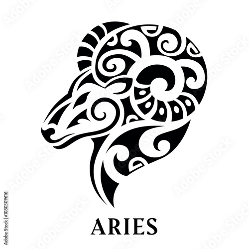 Zodiac sign Aries in maori tattoo style. Astrology emblem