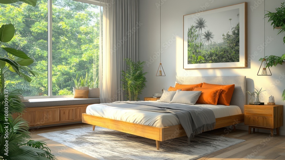 Modern Bedroom Interior with Wooden Bed, Grey Curtains, and Lush Greenery Modern Bedroom Interior with Wooden Bed, Grey Curtains, and Lush Greenery