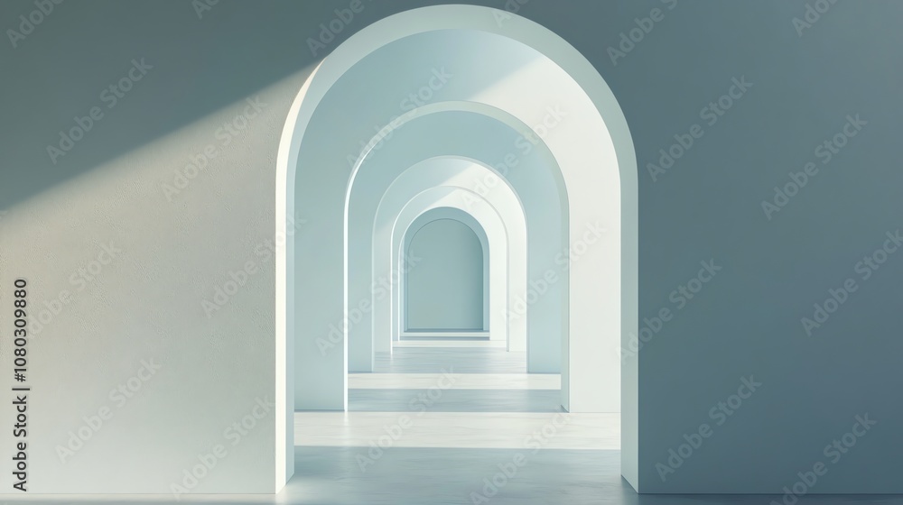 A long hallway with white arches and a bright light at the end. A long hallway with white arches and a bright light at the end.