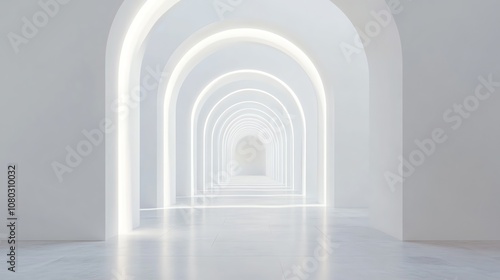 A long hallway with white arches and a bright light at the end.