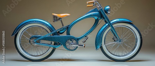 Vibrant Teal Vintage Bicycle with Distinct High Wheel Design in Profile View photo