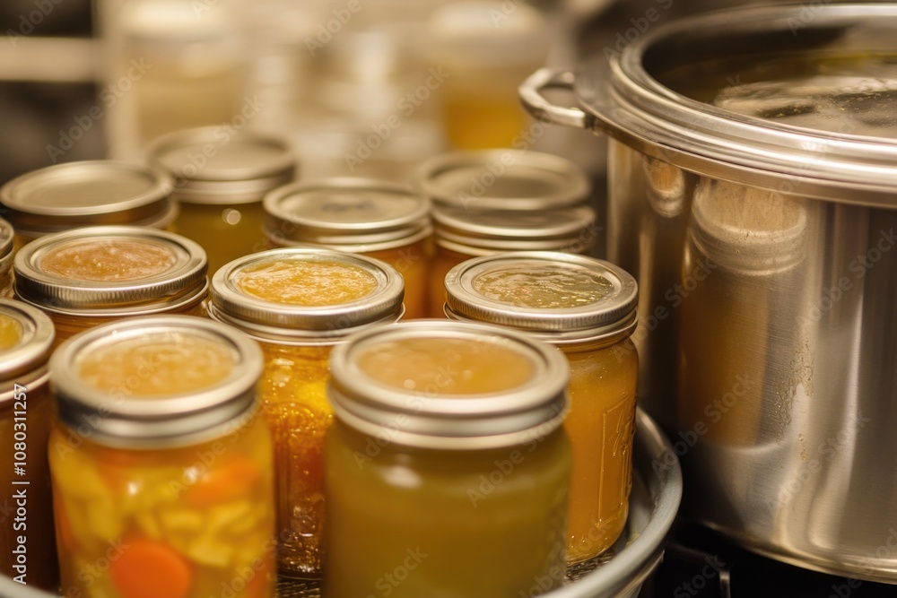 A collection of jars filled with food and condiments sitting on top of a stove, perfect for use in kitchen or cooking related contexts A collection of jars filled with food and condiments sitting on top of a stove, perfect for use in kitchen or cooking related contexts