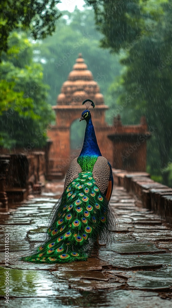 Obraz premium A colorful peacock showcases its vibrant plumage on a rainy day, set against a historic temple backdrop surrounded by lush greenery.