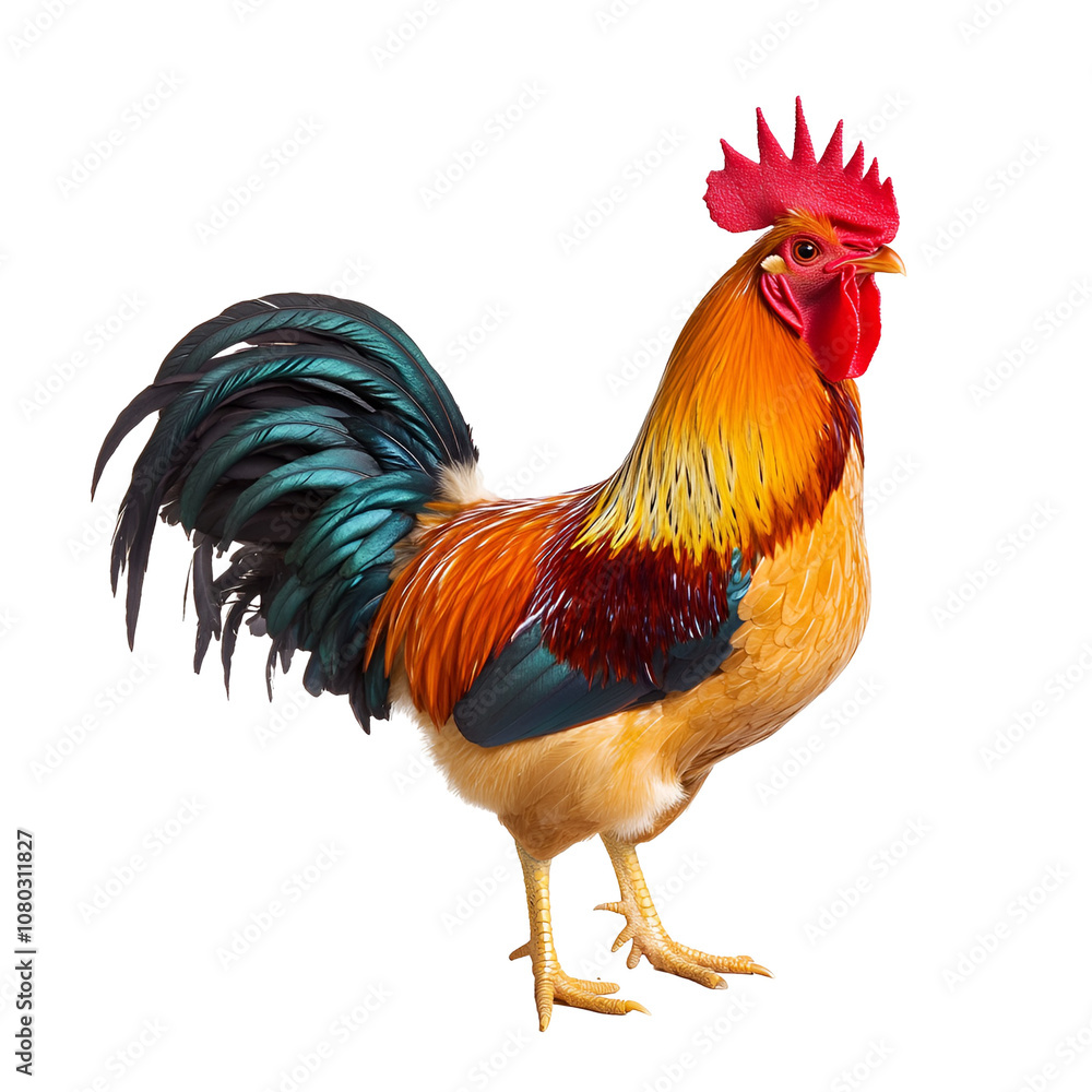 Fototapeta premium Rooster animal colorful plumage and tall stance isolated on a white background.