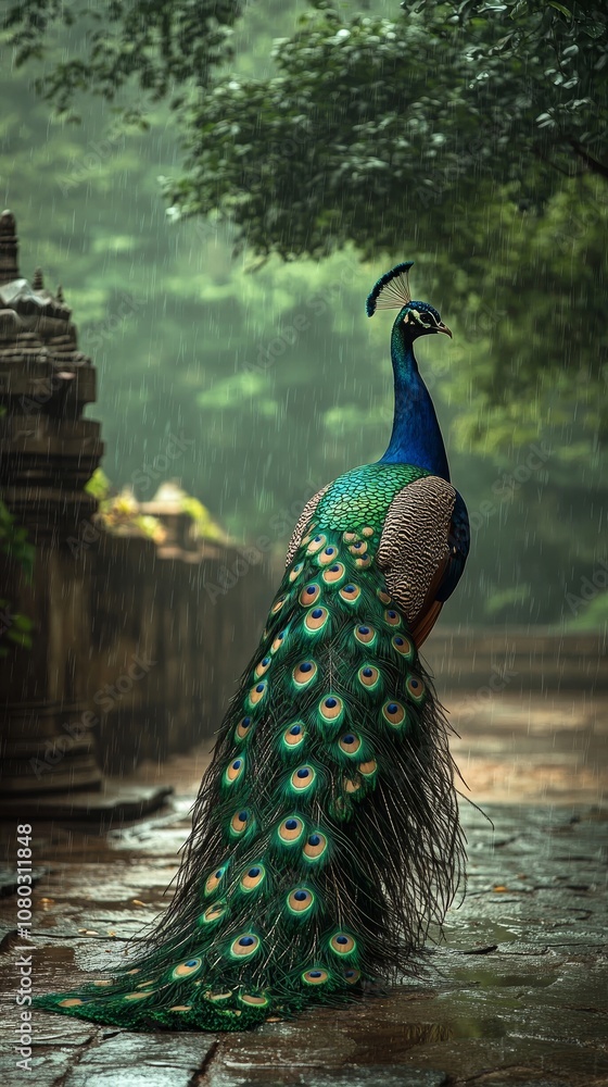 Fototapeta premium A vibrant peacock stands gracefully in a rain-soaked temple garden, showcasing its colorful plumage against lush greenery and ancient stonework.