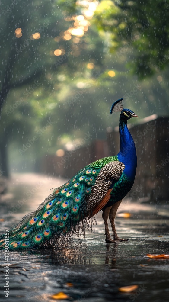 Fototapeta premium Vibrant peacock in a lush, rainy forest, showcasing its colorful feathers under a gentle shower, creating a serene atmosphere.