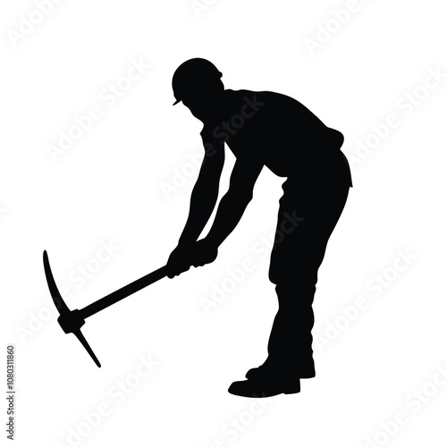 A man is holding a pickaxe and wearing a hard hat. He is standing in front of a white background