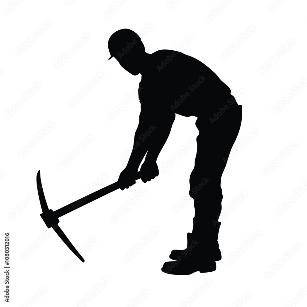A man is holding a pickaxe and wearing a hard hat. He is standing in front of a white background A man is holding a pickaxe and wearing a hard hat. He is standing in front of a white background