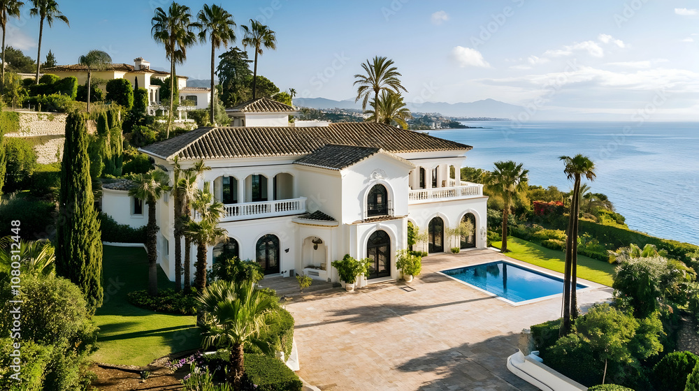 Obraz premium Palm Beach Mediterranean villa with private beach cabana and tropical gardens, luxury Florida coastal estate