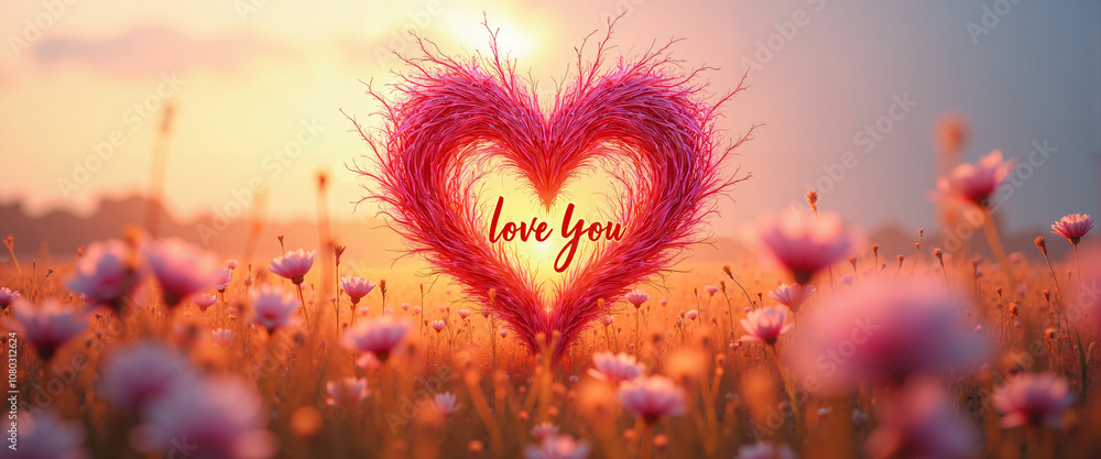 A vibrant Valentine's Day scene features a pink feathered heart with Love you inscribed in red, set against a field of pink flowers and a sunset sky. A vibrant Valentine's Day scene features a pink feathered heart with Love you inscribed in red, set against a field of pink flowers and a sunset sky.
