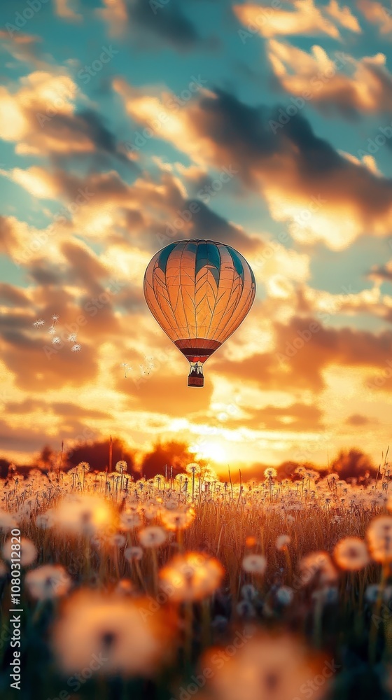 Obraz premium A hot air balloon floats above a field of dandelions during a breathtaking sunset, capturing serene beauty and adventure.