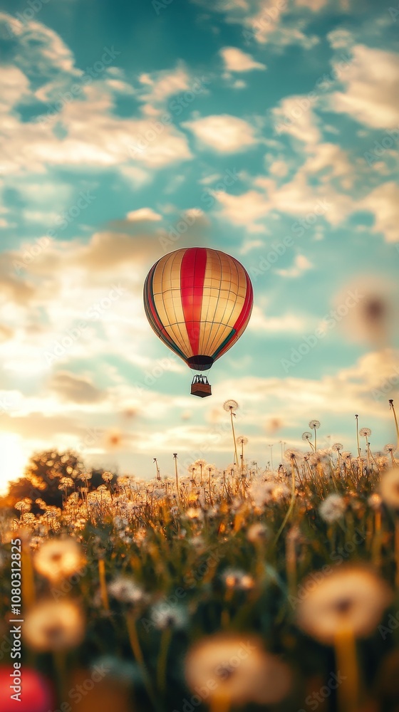 Fototapeta premium A colorful hot air balloon drifts over a field of dandelions at sunset, evoking serenity and adventure.