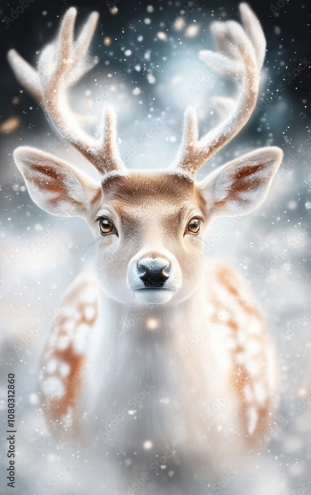 Reindeer with delicate bow in snowy background Reindeer with delicate bow in snowy background