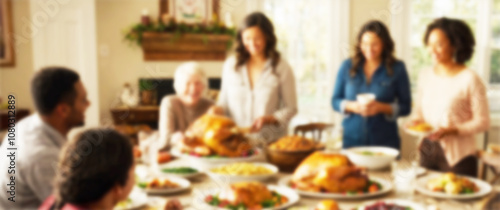 Blurred background of a tantalizing aroma of roasted turkey and pumpkin pie fills the air, inviting everyone to gather around the table, thanksgiving day, food sharing