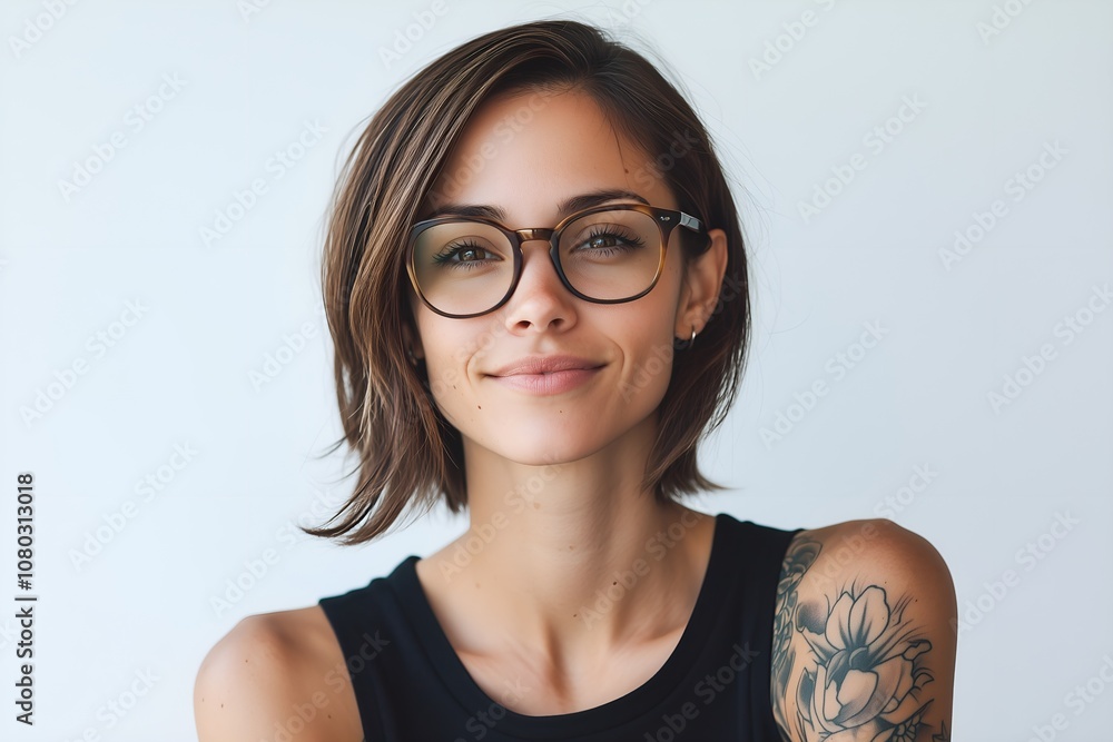 Portrait of a beautiful young tattooed female model looking at camera isolated on grey background. Wearing black shirt. Portrait of a beautiful young tattooed female model looking at camera isolated on grey background. Wearing black shirt.